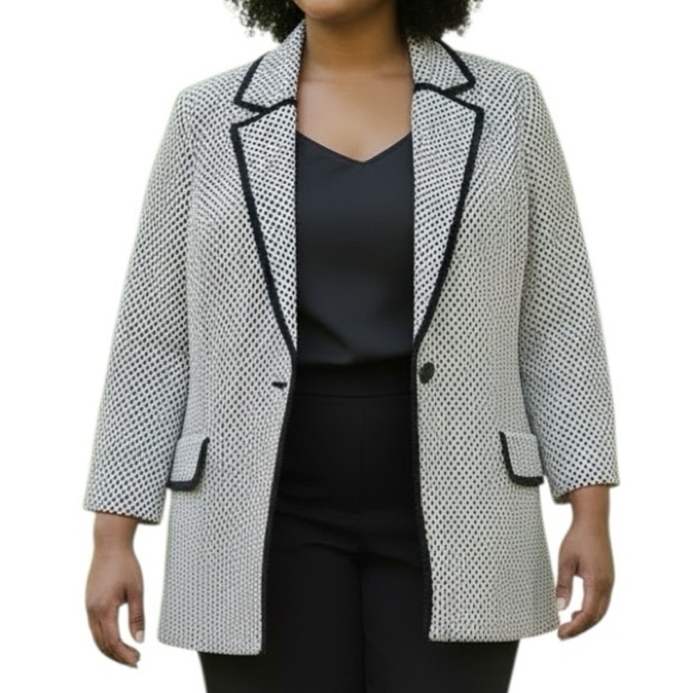 NEW Kasper Trimmed Geometric Pattern Blazer Black Ivory Women’s 20W